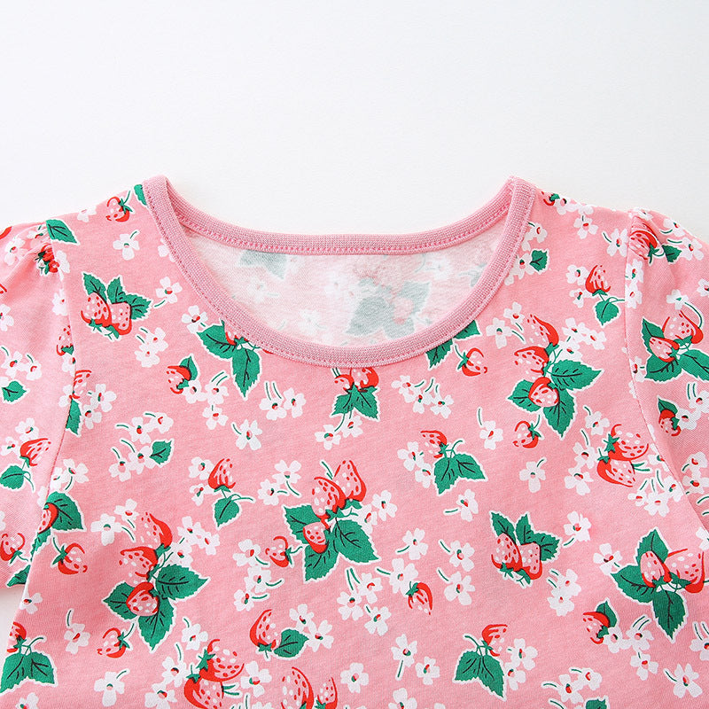 24Summer New Girls Dress European and American Style Strawberry Print Princess Dress Knitted Cotton round Neck Short Sleeve Children Shirt
