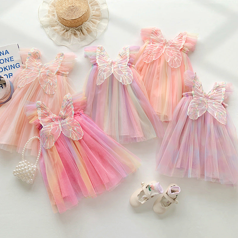 Cross-Border Amazon Rainbow Wings Mesh Girls' Dress 2024 Summer Flounced Sleeve Baby Princess Dress Pettiskirt