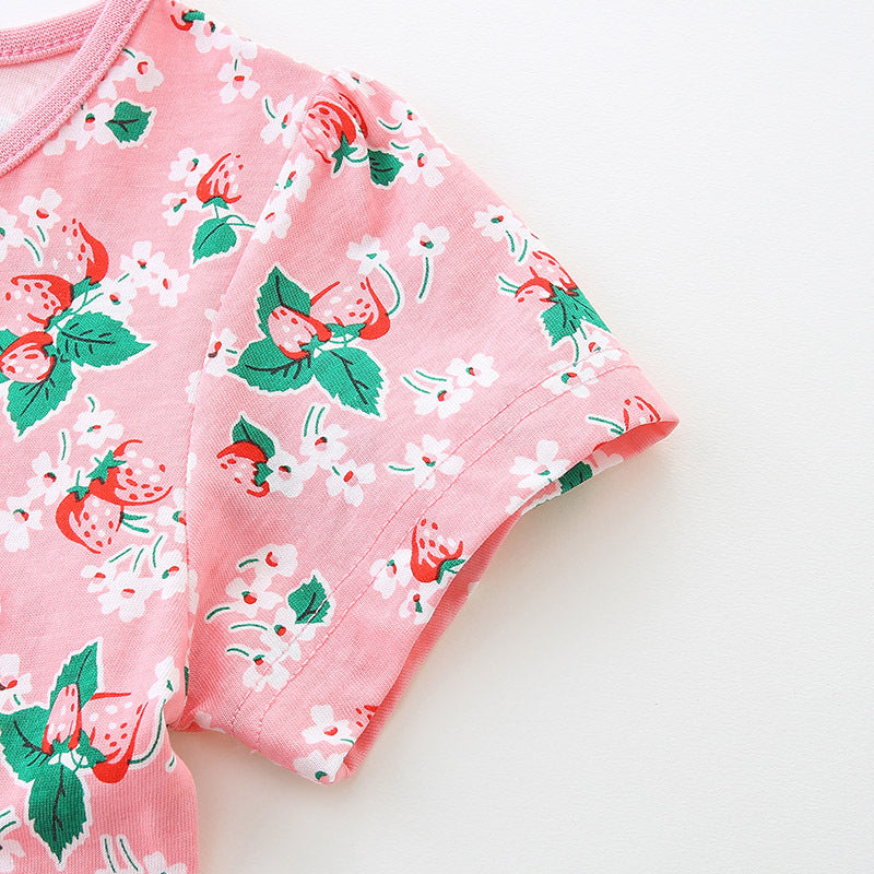 24Summer New Girls Dress European and American Style Strawberry Print Princess Dress Knitted Cotton round Neck Short Sleeve Children Shirt