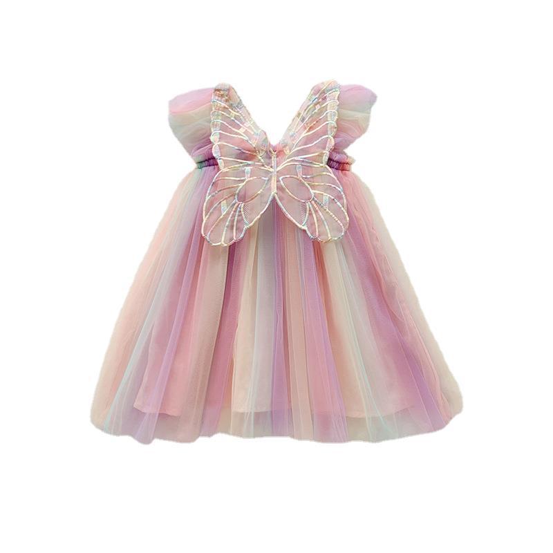Cross-Border Amazon Rainbow Wings Mesh Girls' Dress 2024 Summer Flounced Sleeve Baby Princess Dress Pettiskirt